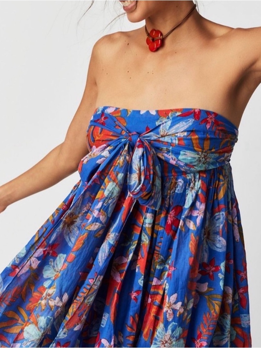 Blue bubble skirt strapless or strapped Floral Strapless Tie-Front Sundress